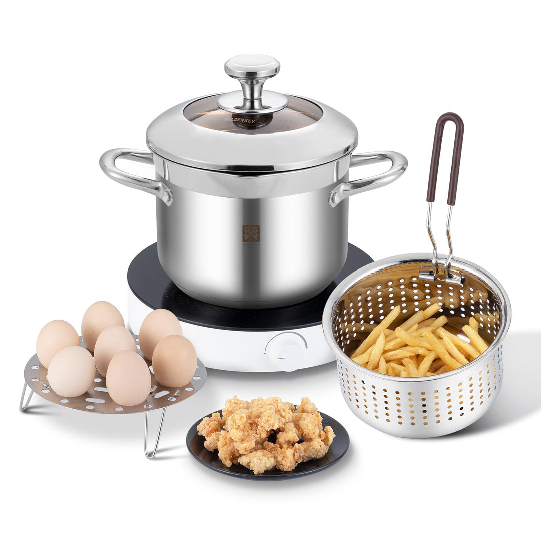 Edelstahl Frittiertopf 4L, Fritteuse mit Sieb und Deckel,Fritteusentopf Dampfgarer Mehrzweck-Kochtop