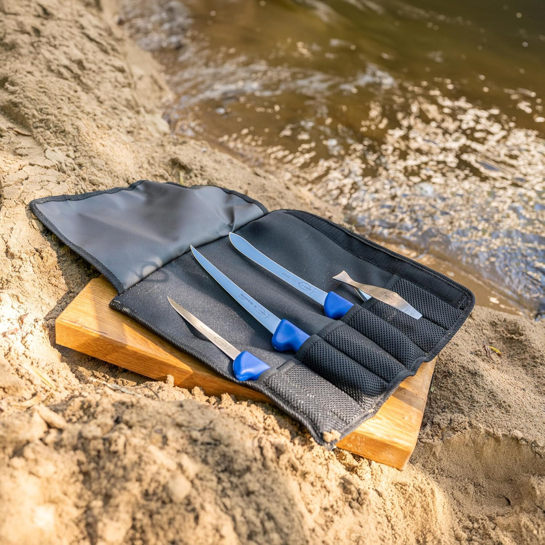 DICK Textil-Rolltasche "Angler" 4-tlg. (Masse 34,50 x 35,50 x 6 cm, mit Grätenpinzette, Ausbeinmesse