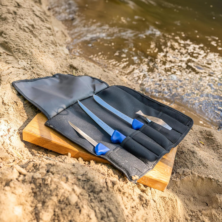 DICK Textil-Rolltasche "Angler" 4-tlg. (Masse 34,50 x 35,50 x 6 cm, mit Grätenpinzette, Ausbeinmesse