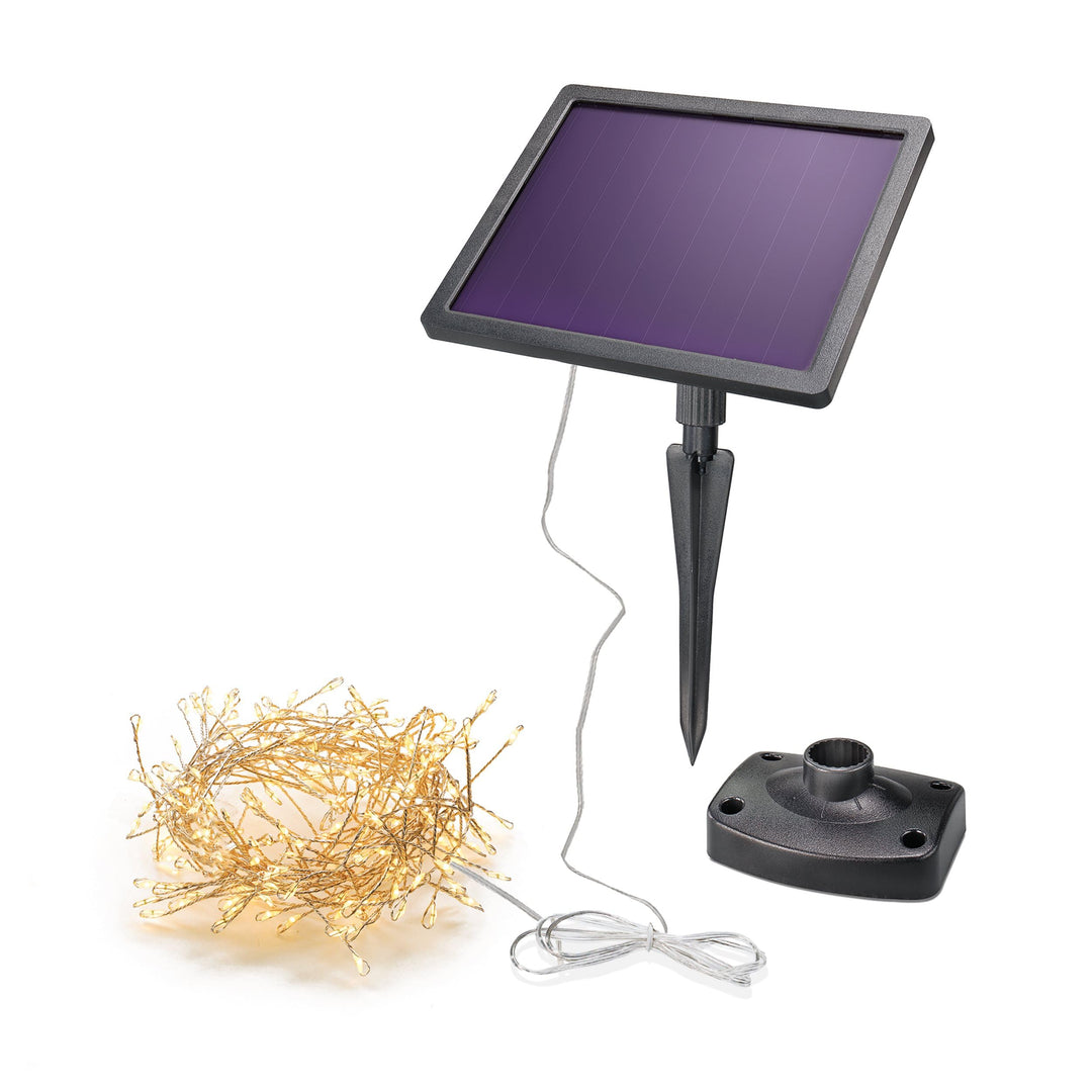 esotec Solar Cluster Lichterkette, 2,7m, 200 Micro LEDs warmweiss, Zuleitung 3m, LiFePo4 Akku, Solar