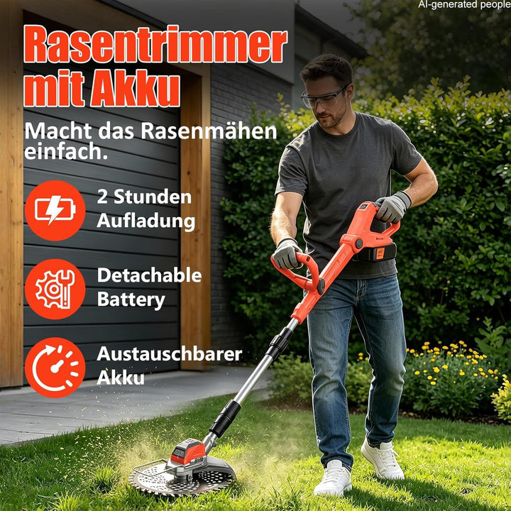 21V Rasentrimmer mit Akku, 3 in 1 Rasenkantenschneider mit Unkrautbürste, Faltbar Elektrischer Motor