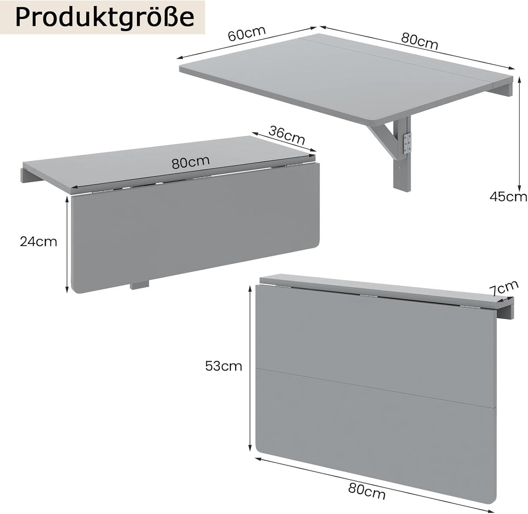 COSTWAY Wandmontierter Klapptisch, 80 x 60 cm, klappbarer Wandtisch, platzsparender Küchentisch Wand