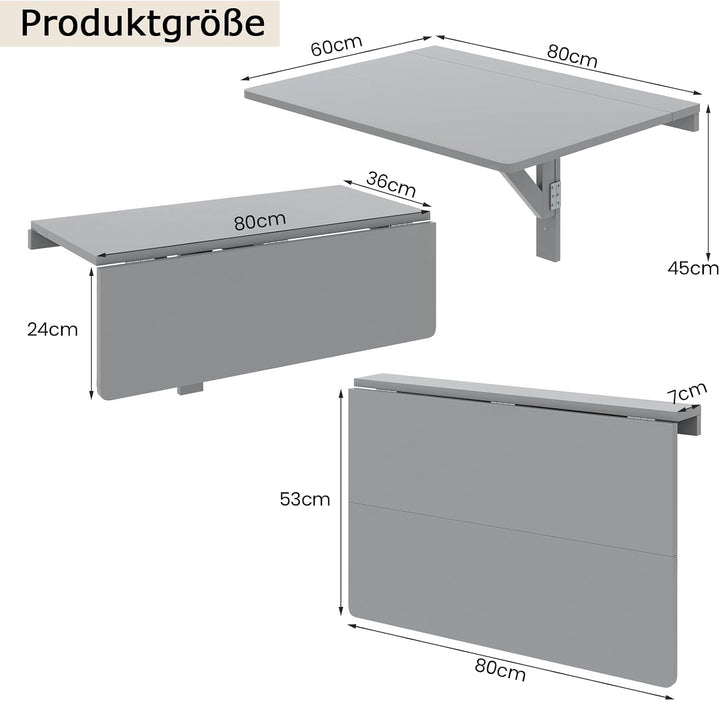 COSTWAY Wandmontierter Klapptisch, 80 x 60 cm, klappbarer Wandtisch, platzsparender Küchentisch Wand