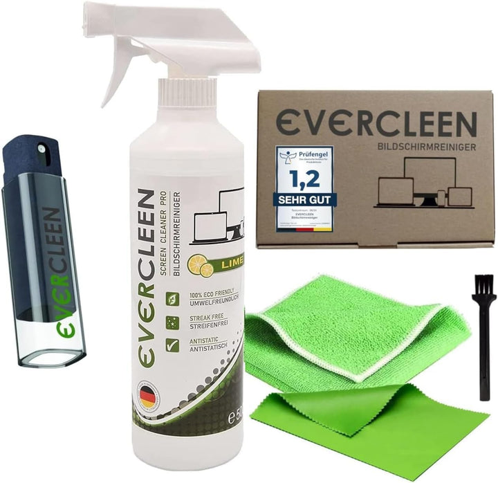 EVERCLEEN Made in Germany Screen Cleaner Pro Bildschirmreiniger 500ml + Mikrofasertuch + 2GO Sprüher