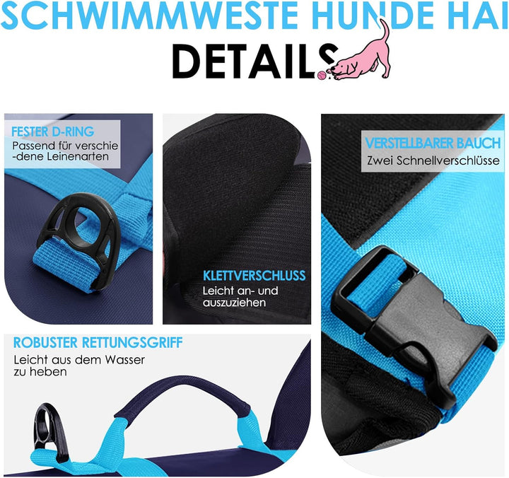 AOFITEE Schwimmweste Hund Mittel, Hoher Auftrieb Hundeschwimmweste Hai, Verstellbar & Ripstop Rettun