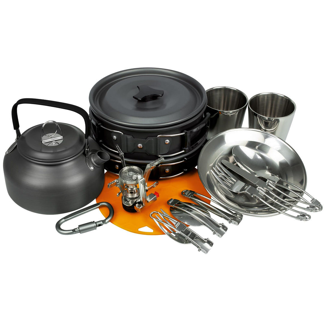 Black Snake® Camping Geschirr 'Himalaya' Kochgeschirr Kombination mit Edelstahl Becher Set, Tellern