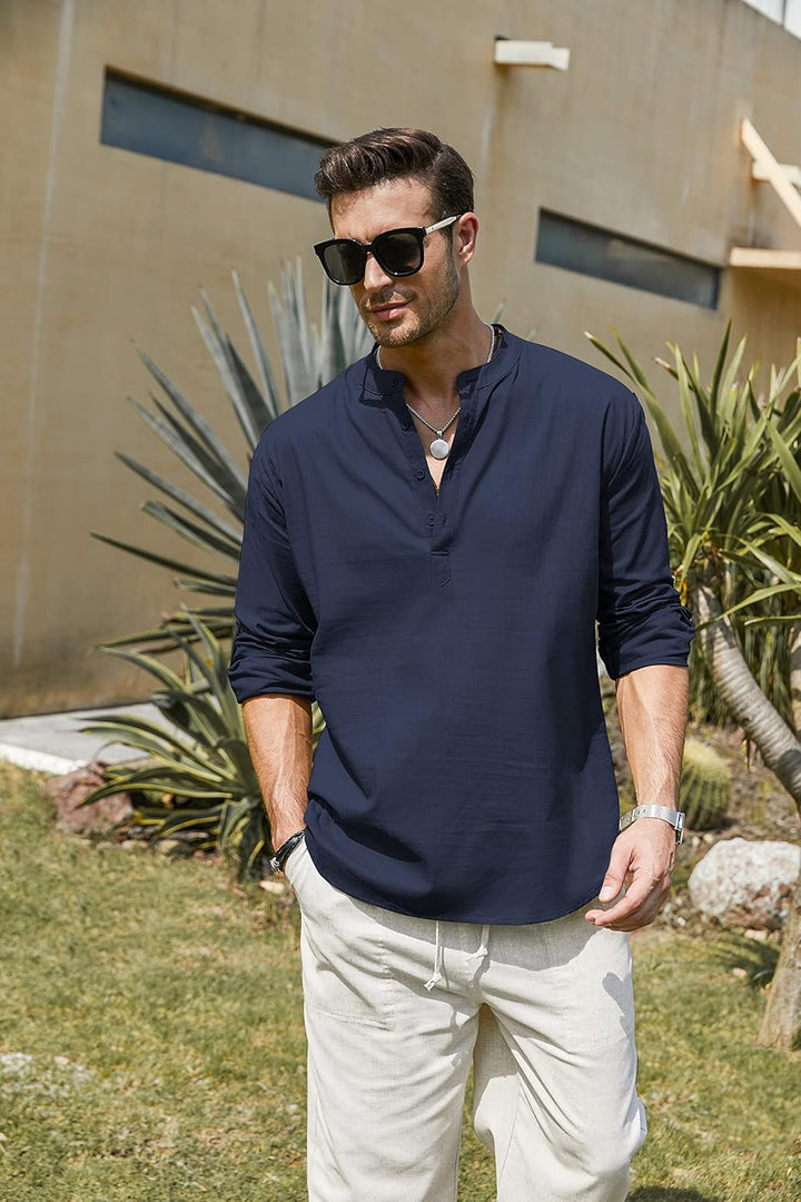 COOFANDY Herren Hemd Langarm Henley Shirt Leinenhemd Baumwolle Casual Regular Fit Sommerhemd A-dunke