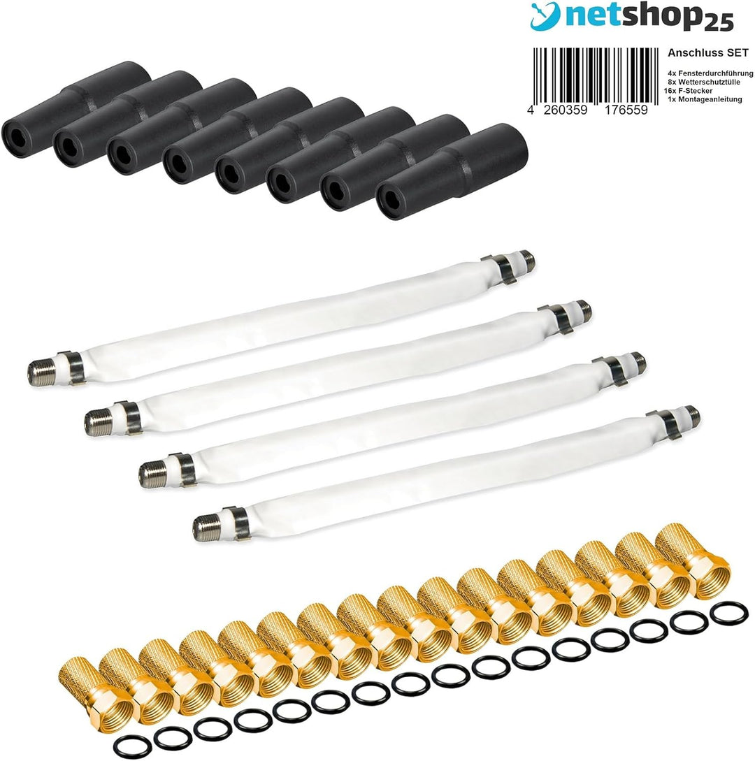 netshop 25 Set: Selfsat H30D4+ Flachantenne Quad + 4 HD Receiver + 50m Kabel + Fensterhalterung + 4