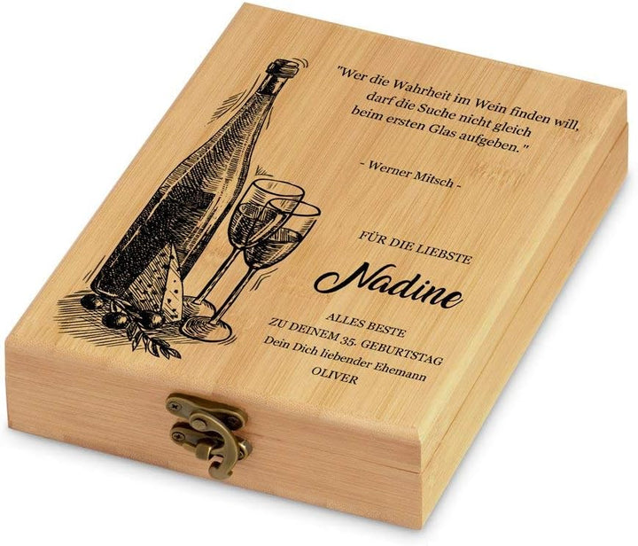 Maverton Weinöffner-Set personalisiert Weinset Sommelier Set - Geschenkbox Holzbox + 4er Weinzubehör
