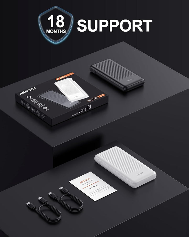 ANSODY 22.5W Powerbank 10000mAh 2 Stück, Akkupack Klein Aber Stark, LED Display kompatibel Externe h