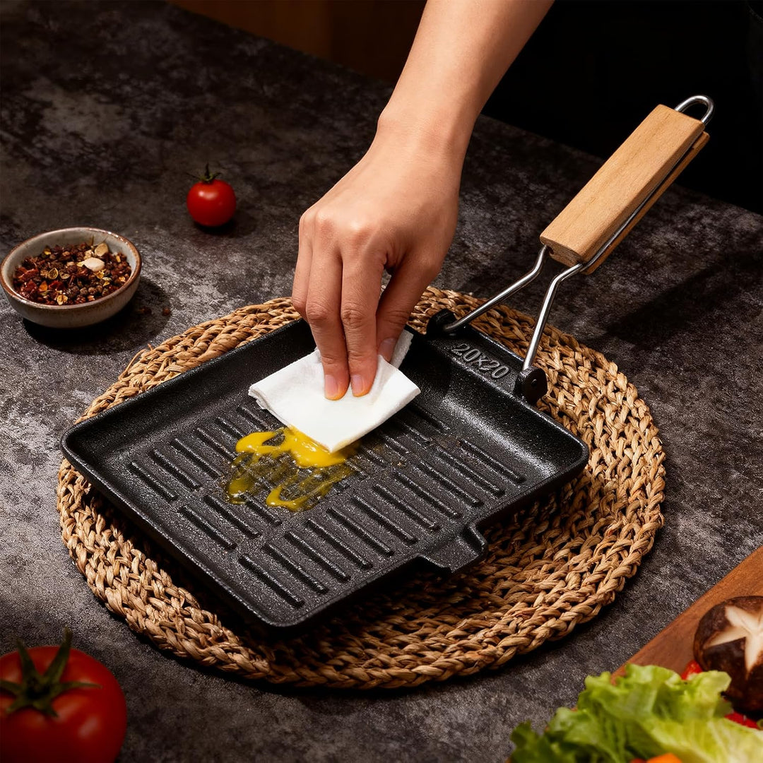 Steakpfanne Gusseisen Grillpfanne Klappbarer Holzgriff: 20×20cm Grill Pan Induktion Viereckige Pfann