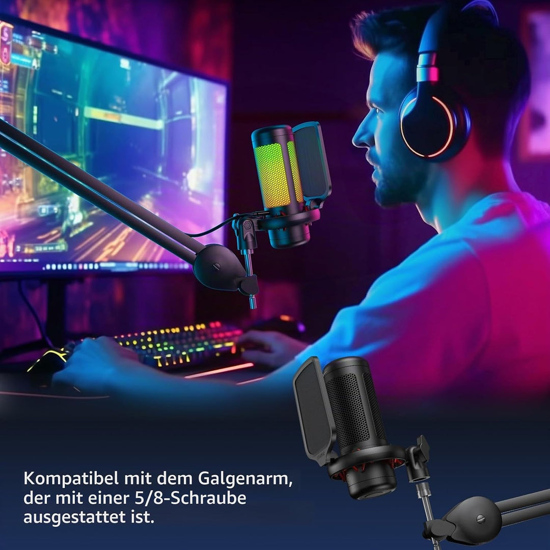 TONOR Gaming Mikrofon PC, USB Microphone für Computer PS4/5, Kondensatormikro mit RGB-Modi &amp; Helligk