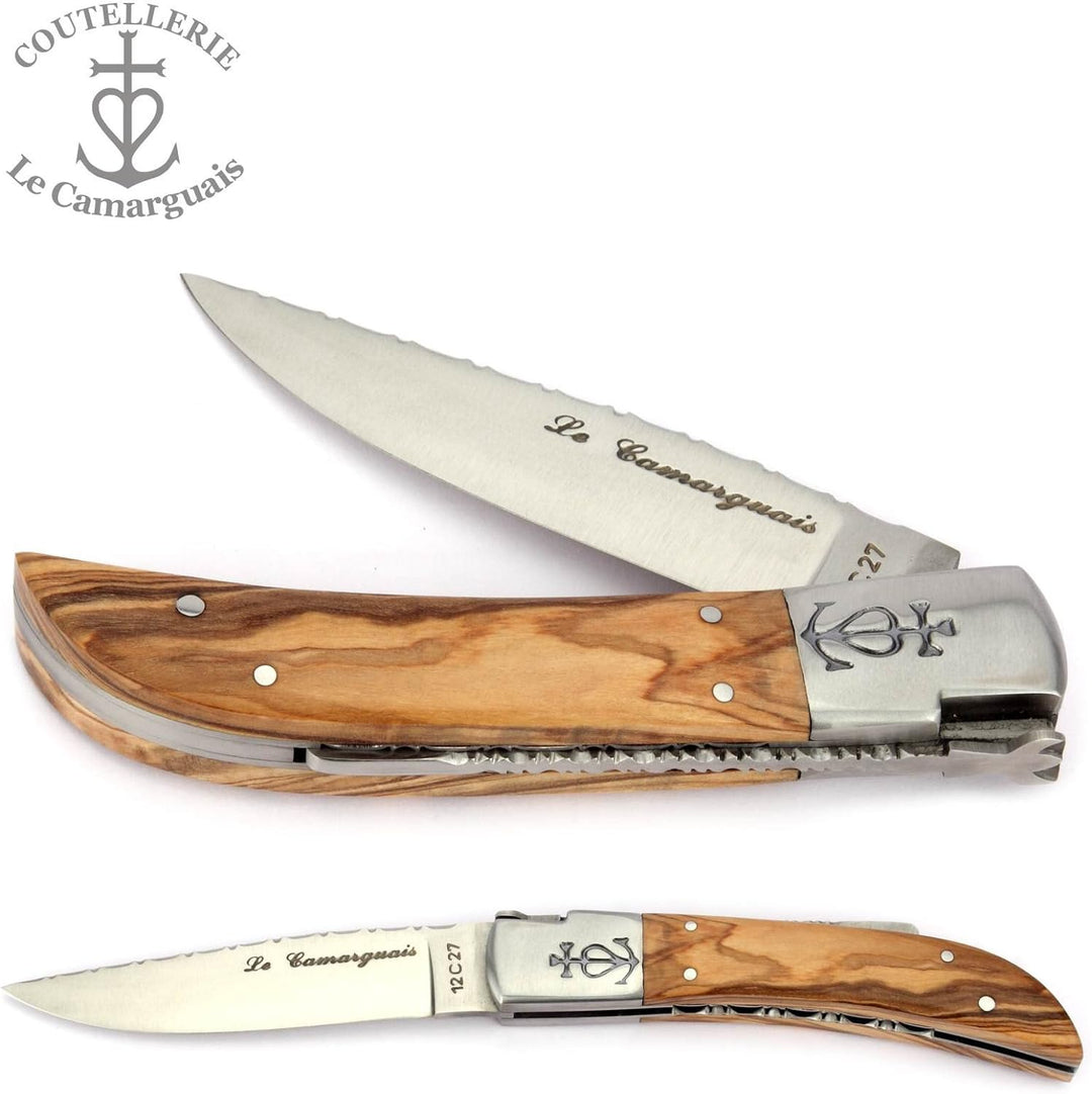 Le Camarguais 12 cm Taschenmesser 20007C - Griffschalen Oliven-Holz - Klinge 10 cm Stahl 12C27-1 Bac