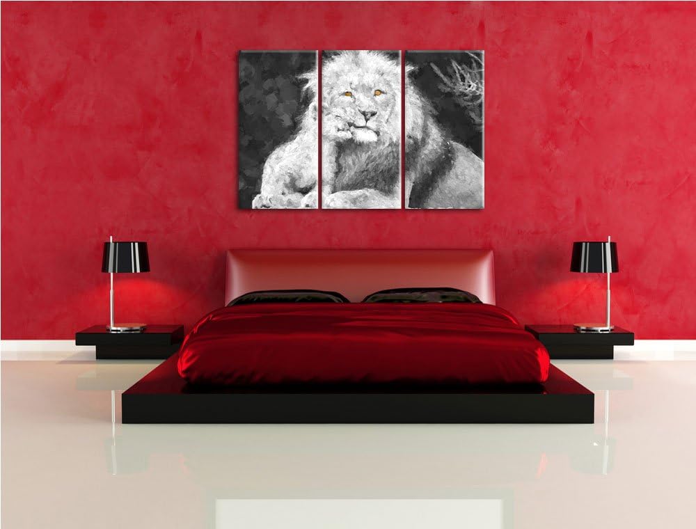 schöner Löwe mit Jungtier schwarz/weiss Deluxe 3-Teiler Leinwandbild 120x80 Bild auf Leinwand, XXL r