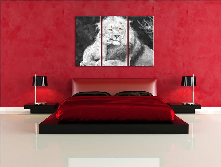 schöner Löwe mit Jungtier schwarz/weiss Deluxe 3-Teiler Leinwandbild 120x80 Bild auf Leinwand, XXL r