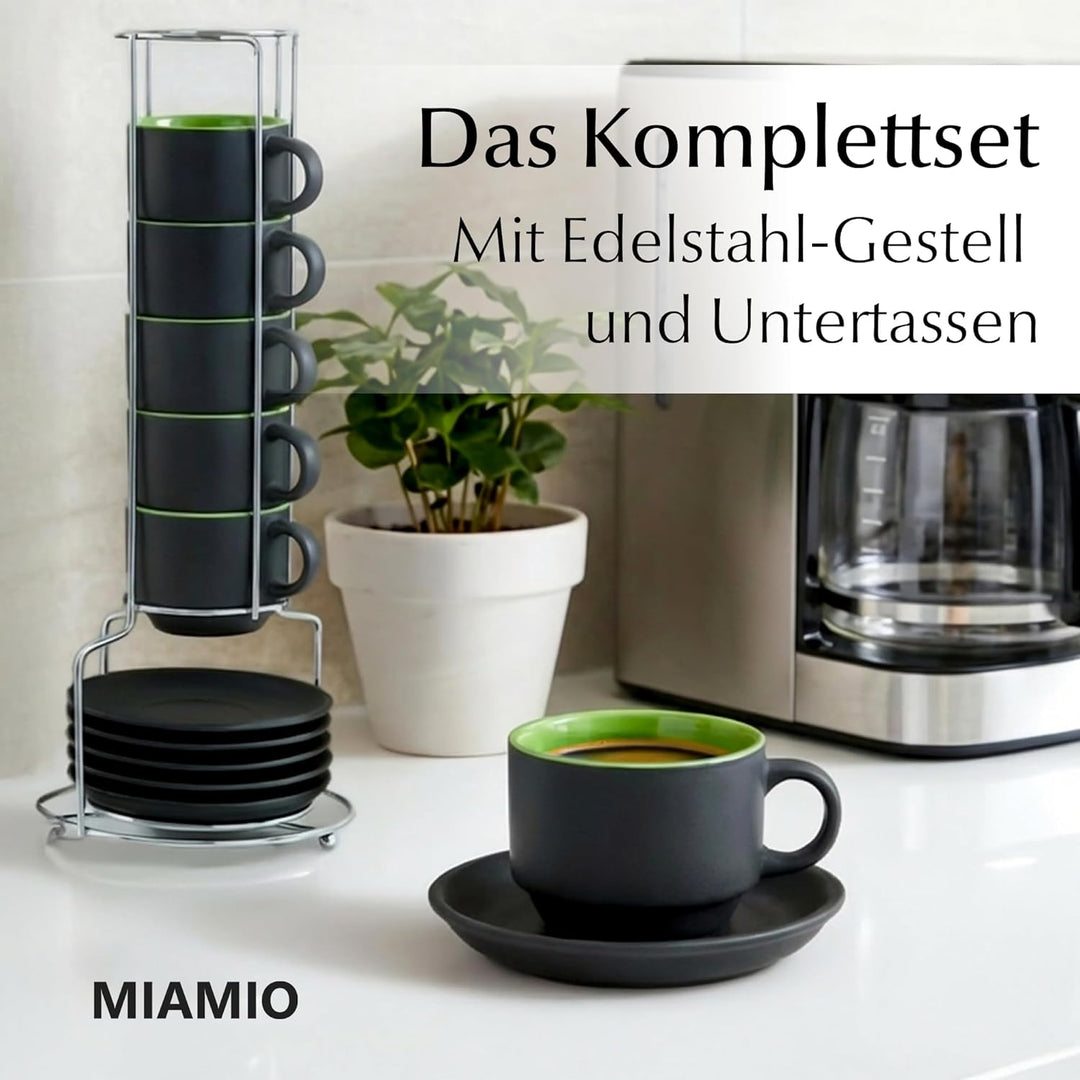 MIAMIO - 6 x 75 ml Espressotassen Set/Espresso Tassen Set mit Untertasse & Ständer - Kaffeetassen Se