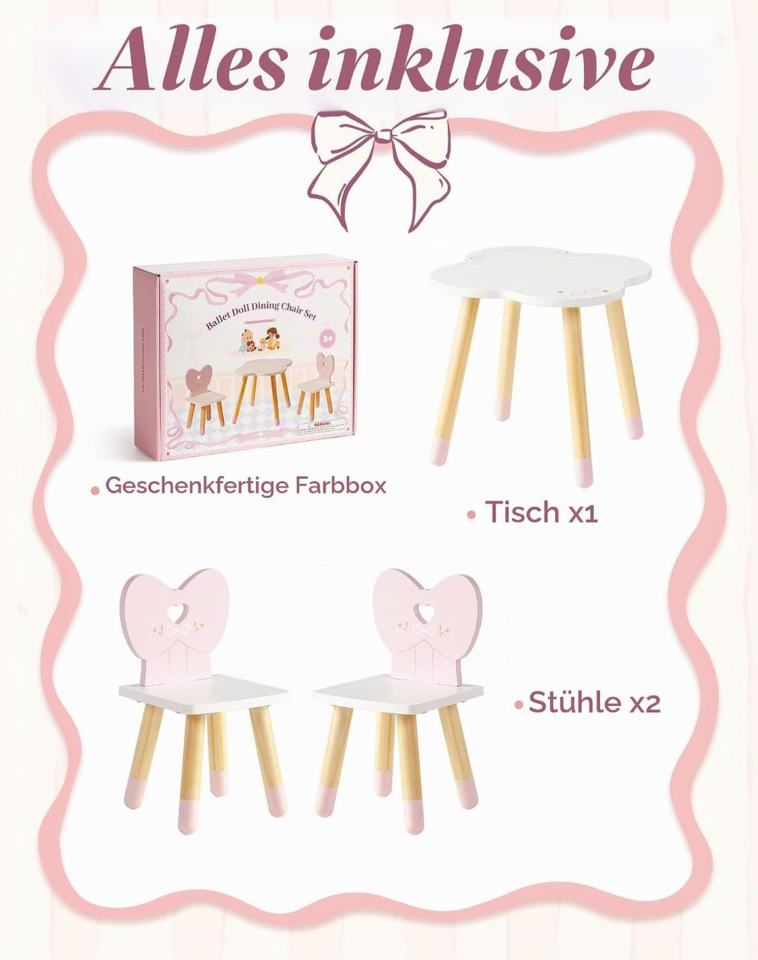 ROBOTIME Holz Puppen Küche Esstisch und 2 Stühle Set, Puppen Esszimmer Set, Holz Puppenmöbel für 16-