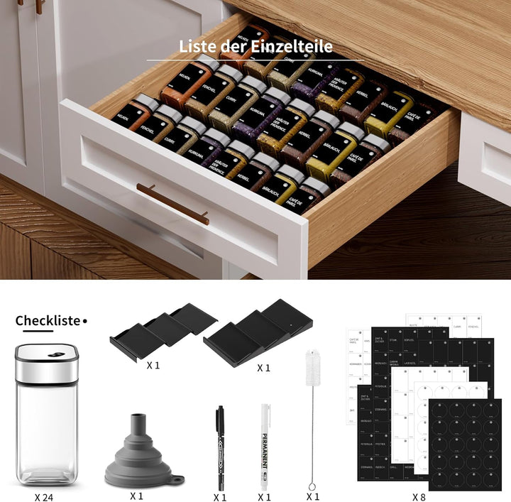 Miorkly Gewürzgläser Eckig Drehdeckel mit Regal [24 x 120ml] - Gewürzregal mit Gewürzdosen Set [Pass