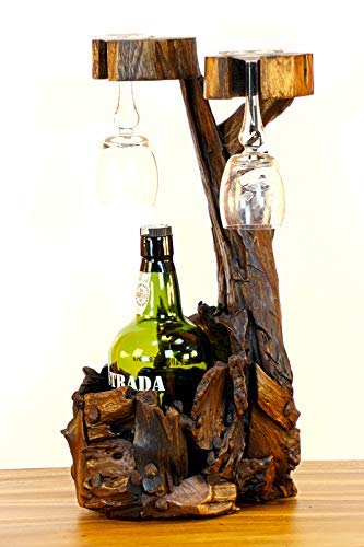 Teak Wurzelholz Flaschenständer - 45cm Teak Flaschenhalter - Edel und dekorativ für 1 Flasche und 2