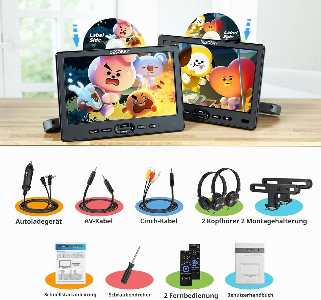 DESOBRY Auto DVD Player 10,5 Zoll 2 Monitore Kopfstütze 2 Kopfhörer HDMI Eingang AV Kabel, Kinder Fe