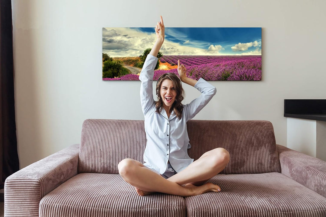 Paul Sinus Art Leinwandbilder | Bilder Leinwand 150x50cm Lavendel Felder bei blauem Himmel, 150x50cm