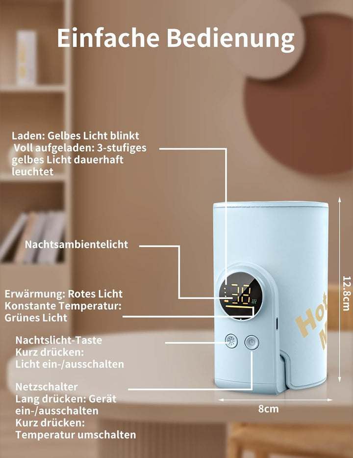 Flaschenwärmer Baby, Babyflaschenwärmer mit 8000mAh Akku, 6 Temperaturstufen 38-50℃, LED-Anzeige &amp; N