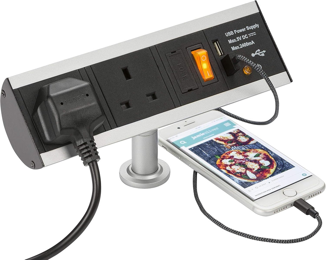 Vertikale Kraftstation, Twin socket with USB, Schwarz, 1 Raised - Stil 1, Raised - Stil 1