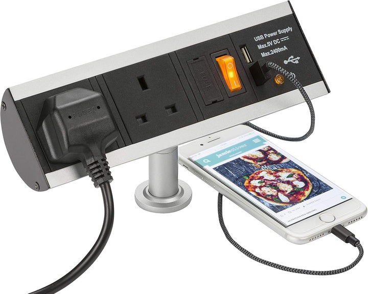 Vertikale Kraftstation, Twin socket with USB, Schwarz, 1 Raised - Stil 1, Raised - Stil 1