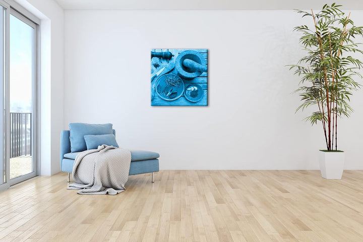 deyoli Gewürze mit einem Mörser Format: 60x60 Effekt: Monocrome Blau als Leinwandbild, Motiv fertig