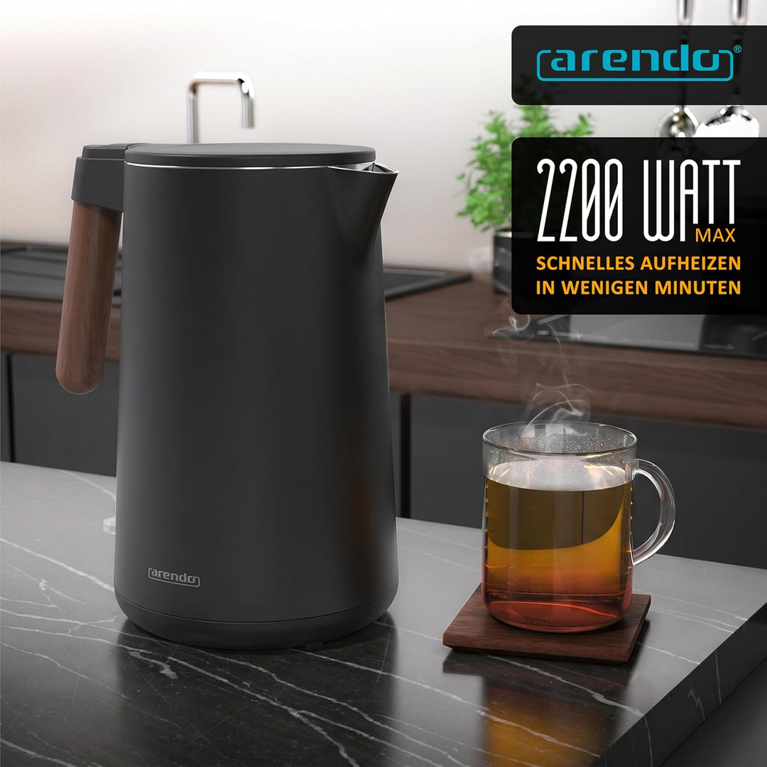 Arendo - Wasserkocher Edelstahl – 1,5 Liter - 2200 Watt – Doppelwand-Design – 360° Controller – BPA-