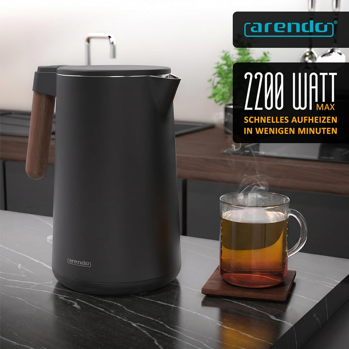 Arendo - Wasserkocher Edelstahl – 1,5 Liter - 2200 Watt – Doppelwand-Design – 360° Controller – BPA-