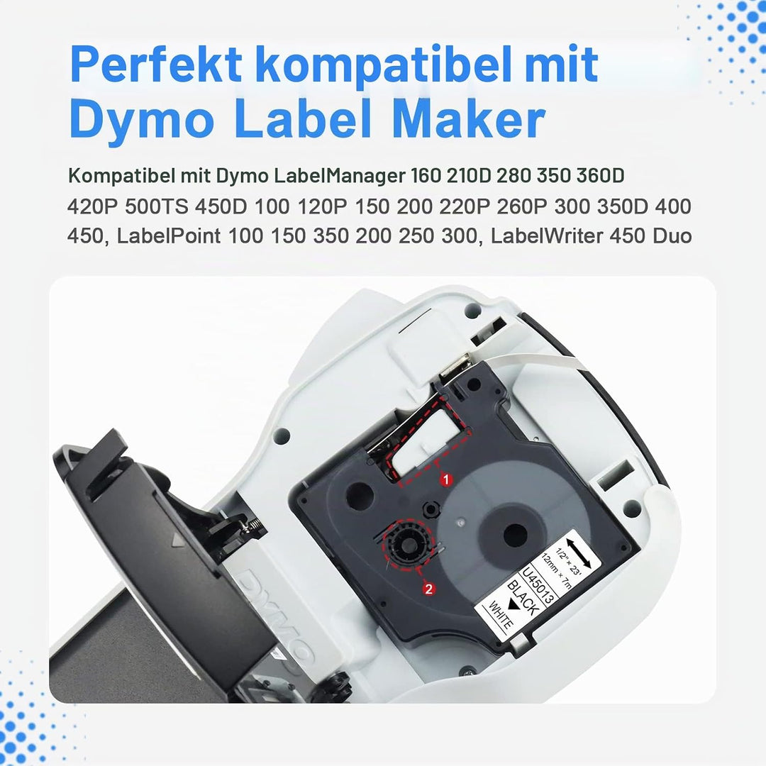 UniPlus Kompatible D1 12mm Etikettenband Ersatz für Dymo D1 45013 S0720530 45013s Etikettenband D1 S