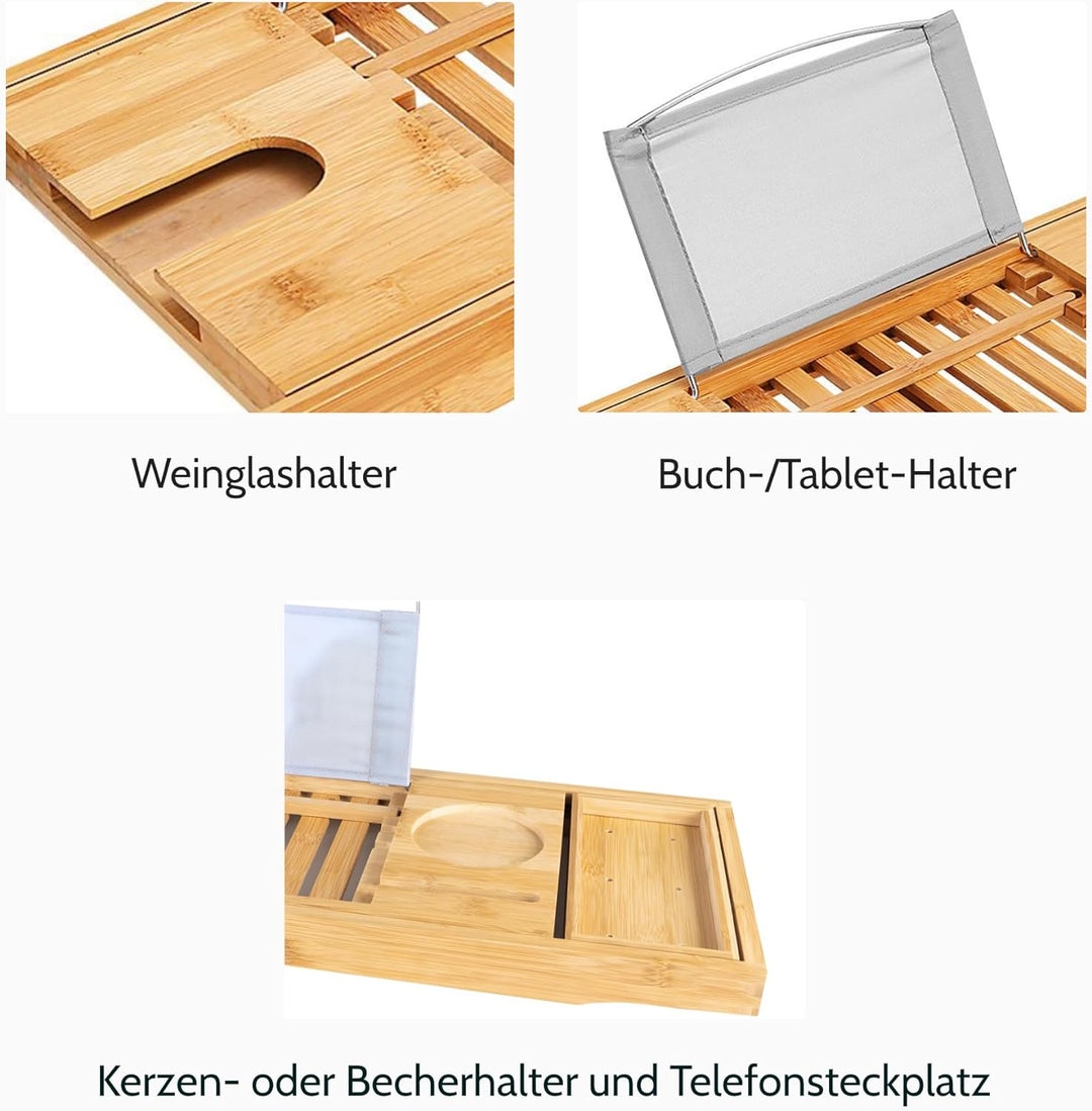 KOLMAN Badewannenablage Badewannenbrett Badewannentablett 70-104 cm Bambus Holzablage ausziehbar Wan