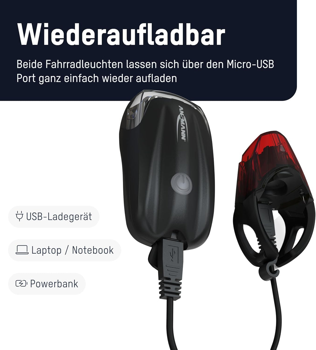 ANSMANN Fahrradlicht 2er Bundle Set StVZO zugelassen mit CREE LED, 140 m Leuchtweite 35 Lux 170 Lume