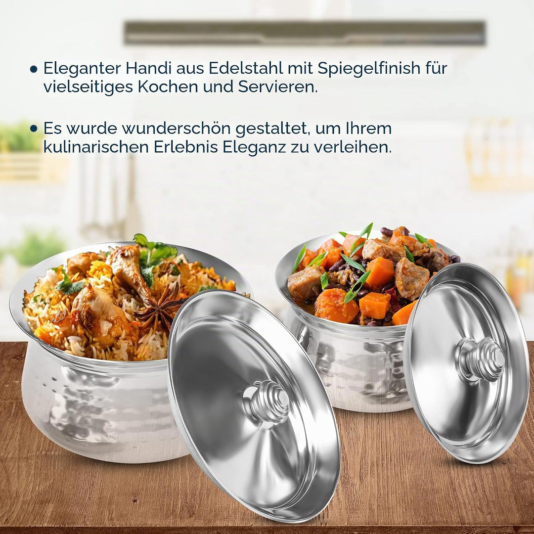 KSJONE Biryani Handi Set aus Edelstahl,Premium Stahl gehämmerte Oberfläche, Patila Handi,mit gehämme
