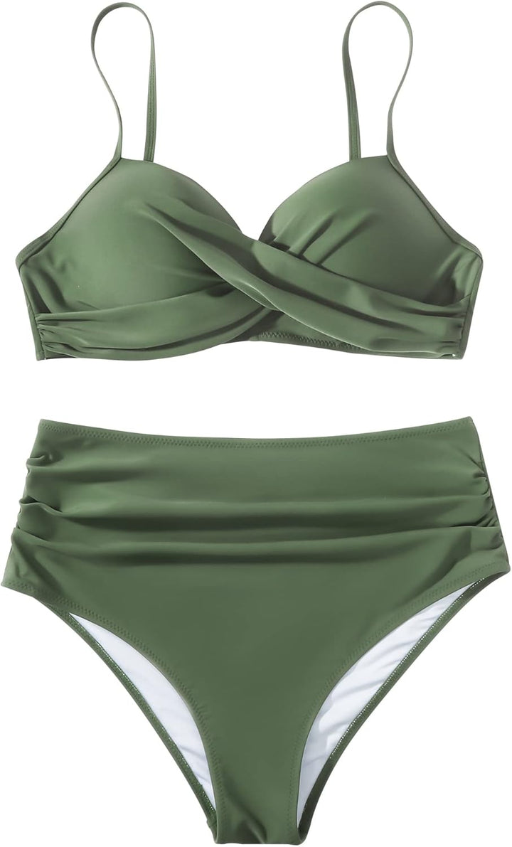 RXRXCOCO Damen Wickel Push Up Bikini Oberteil Bauchweg High Waist Bikini Set Bademode M Armeegrün, M