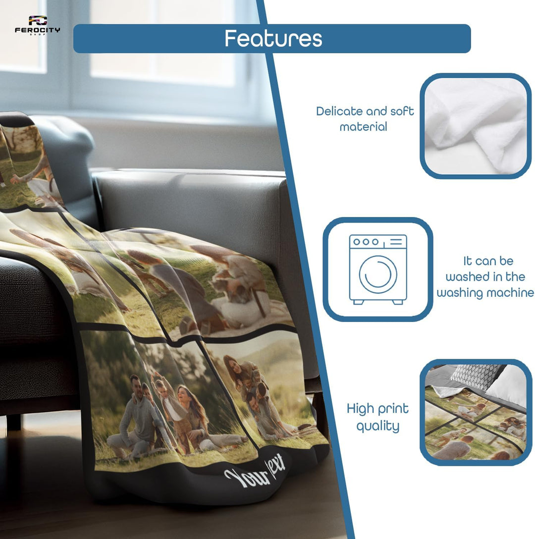 Ferocity Personalisierte Foto Decke mit 6 Eigenen Fotos 150x200 cm Sofadecke; Super Weiche Extra Gem