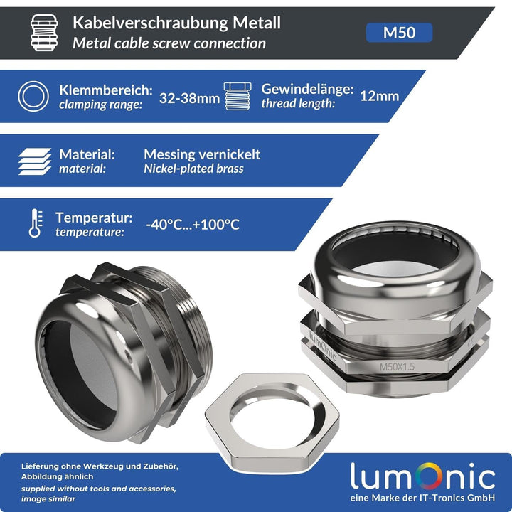 Lumonic Kabelverschraubung Metall M50 | Klemmbereich 32-38mm | IP68 | mit Gegenmutter | Messing vern