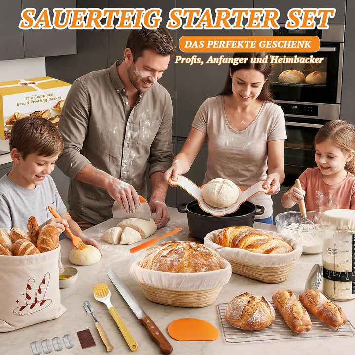 Sauerteig Starter Set mit 2 Gärkörbchen, Brotbackzubehör für Hobbybäcker | Brot Gärkorb Set mit Gärk