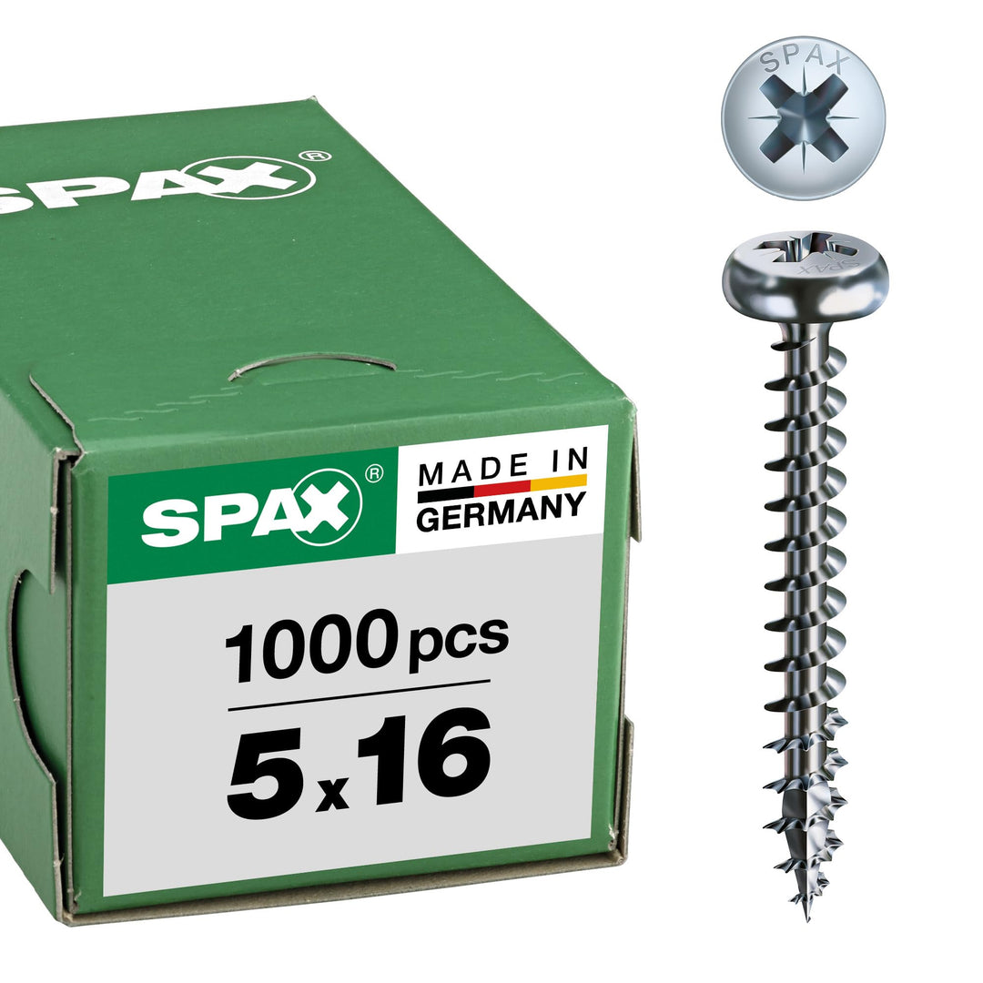 SPAX Universalschraube, 5,0 x 16 mm, 1000 Stück, Kreuzschlitz Z2, Halbrundkopf, Vollgewinde, 4CUT, W