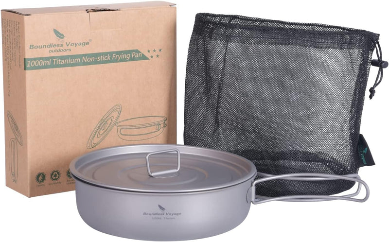 iBasingo 1000ml Titan Bratpfanne Camping Pan Antihaftpfanne mit Deckel & Klappgriffen 19cm Outdoor L