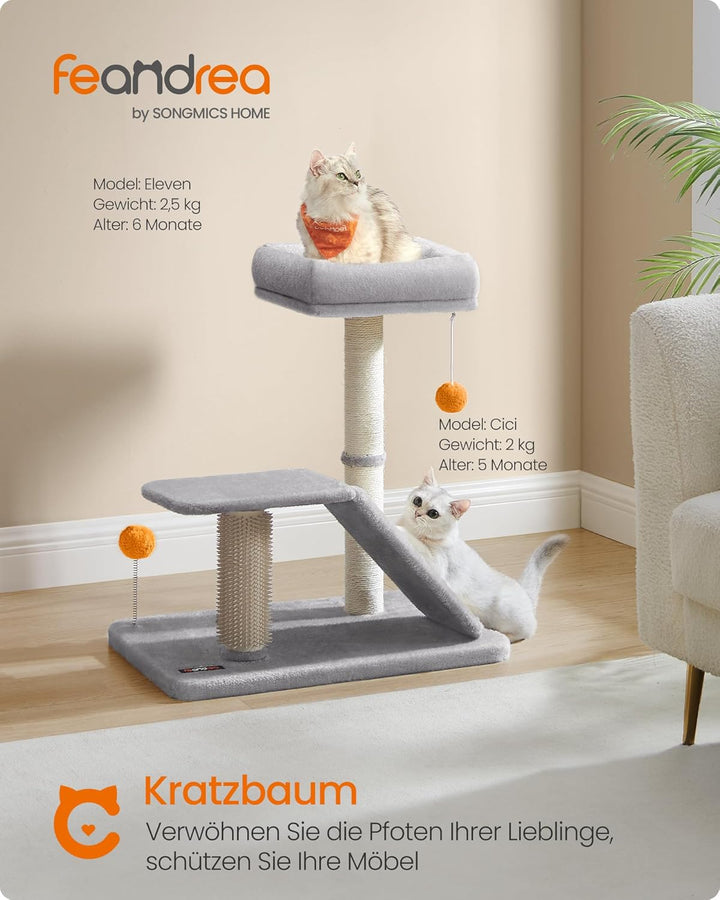 Feandrea Kratzbaum mit Liegefläche, multifunktionaler Katzenbaum mit Plattform, drehbare Rampe, Katz