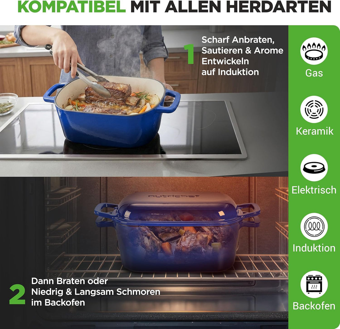 NutriChef Gusseisen Topf - Brotbacktopf - mit Deckel - 25,4 cm ovaler Brottopf mit Silikonhandschuhe