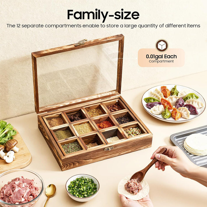 Handgefertigte Indische Masala Dabba Gewürzbox aus Holz mit Glasdeckel,Gewürzbox mit 12 nicht heraus