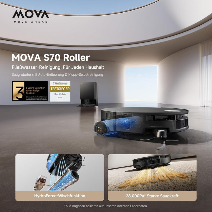 Mova S70 Roller Saug- und Wischroboter, Frischwasser-Wischen, 28.000 Pa, DToF+Linienlaser Hindernisv