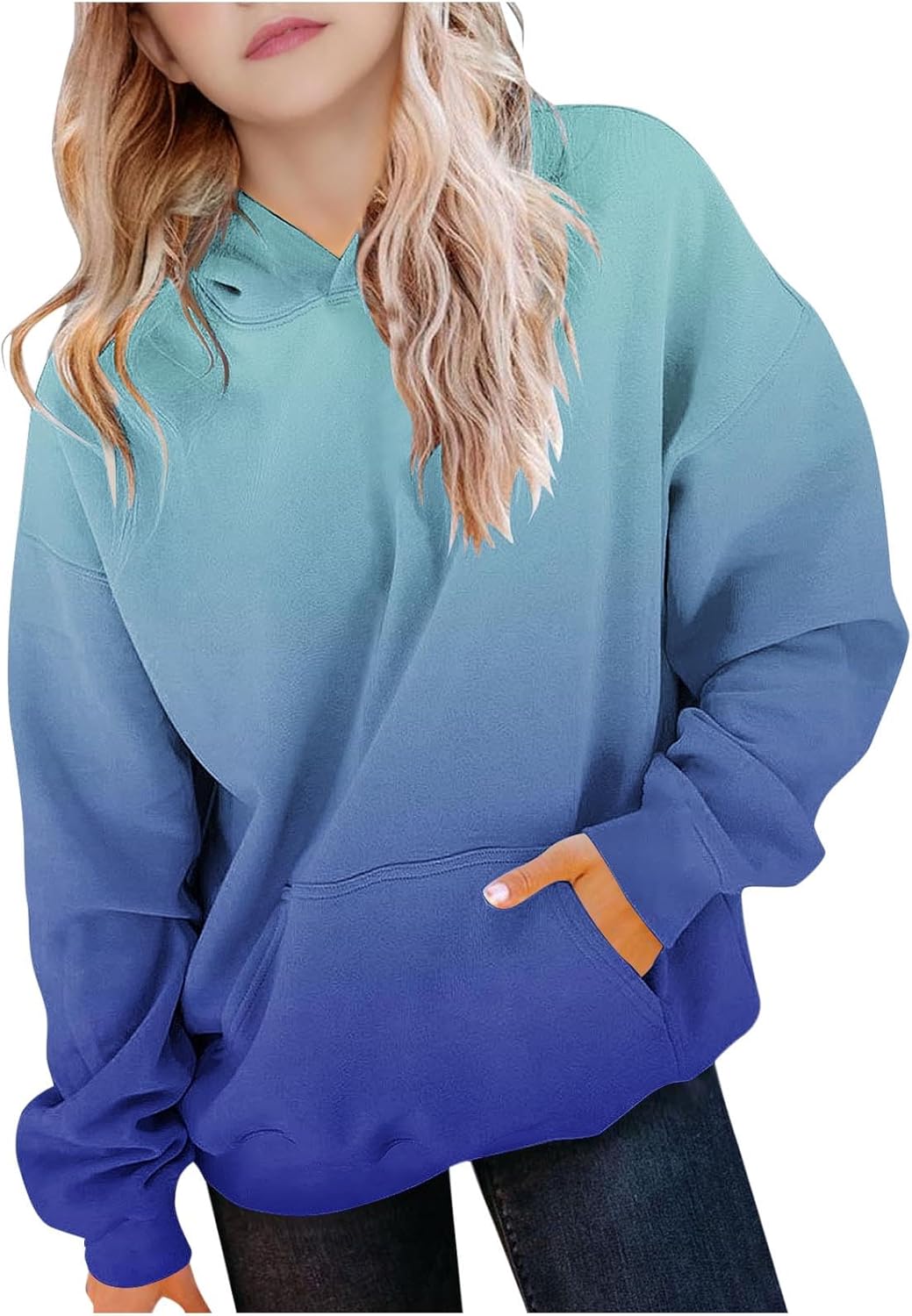 Hoodie Mädchen Oversize Kapuzenpullover Farbverlauf Mode Sweatshirt Casual Pullover mit Kapuze Tasch