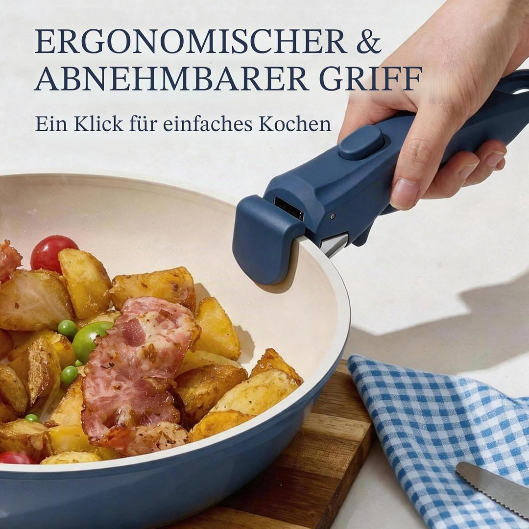 Keramik Pfannenset mit Abnehmbaren Griff Induktion 8-Teilig, Topfsets Platzsparendes Kochgeschirr Br