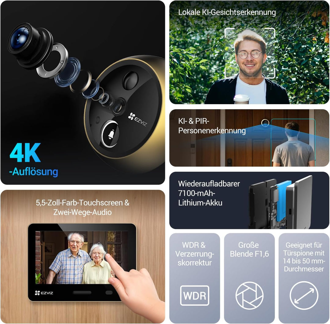 EZVIZ WLAN Türspion mit 5,5-Zoll-Farbbildschirm, 4K Kabellose Video Türklingel Kamera mit 155° Weitw