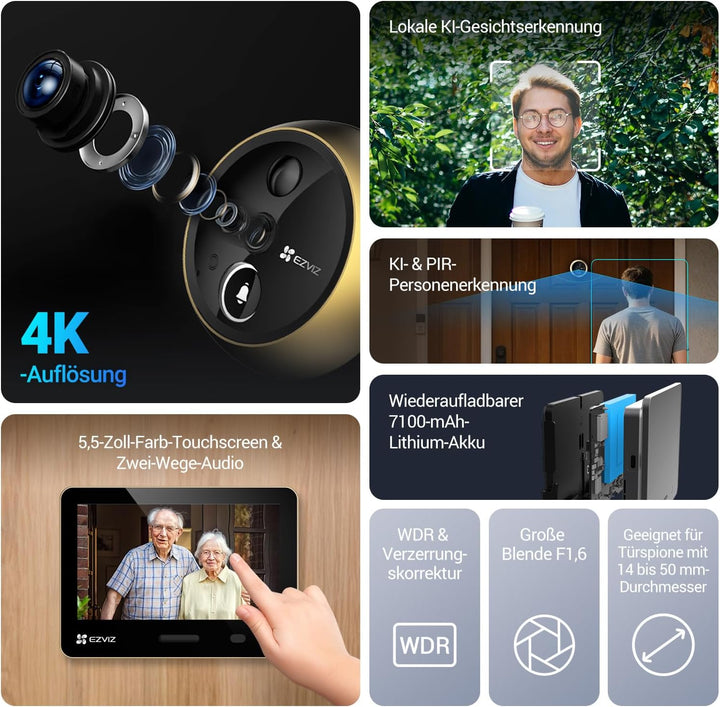 EZVIZ WLAN Türspion mit 5,5-Zoll-Farbbildschirm, 4K Kabellose Video Türklingel Kamera mit 155° Weitw