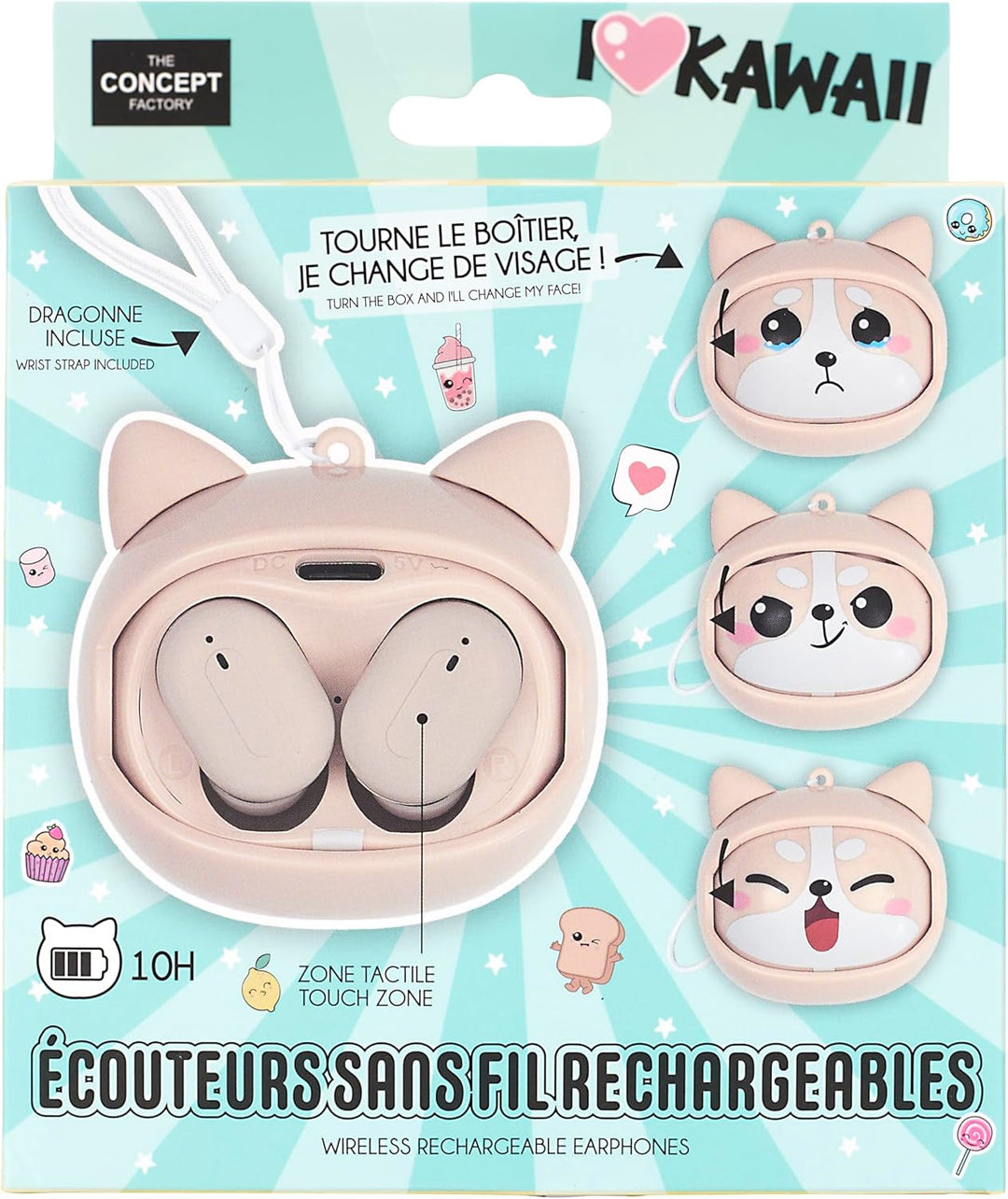 THE CONCEPT FACTORY, HT0153, kabelloser Kawaii Multiface-Kopfhörer, einzigartiges Kawaii-Design, her